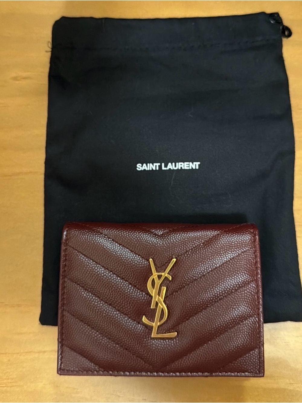 Saint Laurent Burgundy Leather Card Holder with Gold YSL Logo